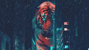 Preview wallpaper tiger, night city, giant, street, neon