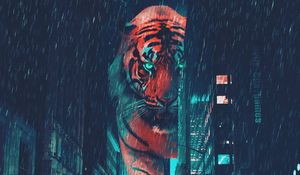 Preview wallpaper tiger, night city, giant, street, neon