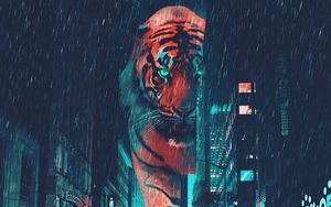 Preview wallpaper tiger, night city, giant, street, neon