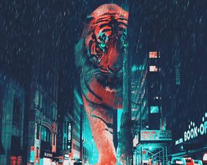 Preview wallpaper tiger, night city, giant, street, neon