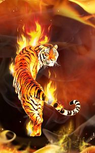 Preview wallpaper tiger, round, enveloped, flames