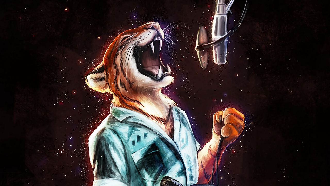 Wallpaper tiger, singer, sing, microphone, headphones, art