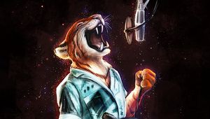 Preview wallpaper tiger, singer, sing, microphone, headphones, art