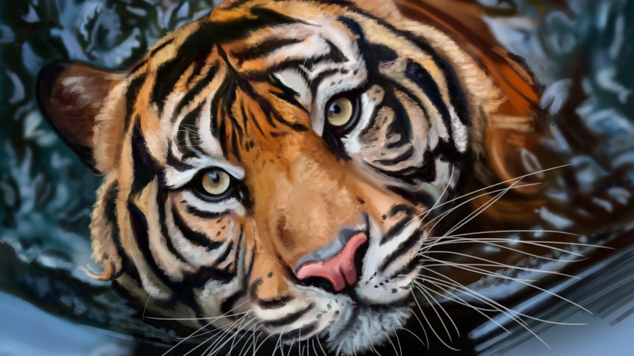 Wallpaper tiger, water, art, big cat, predator, striped