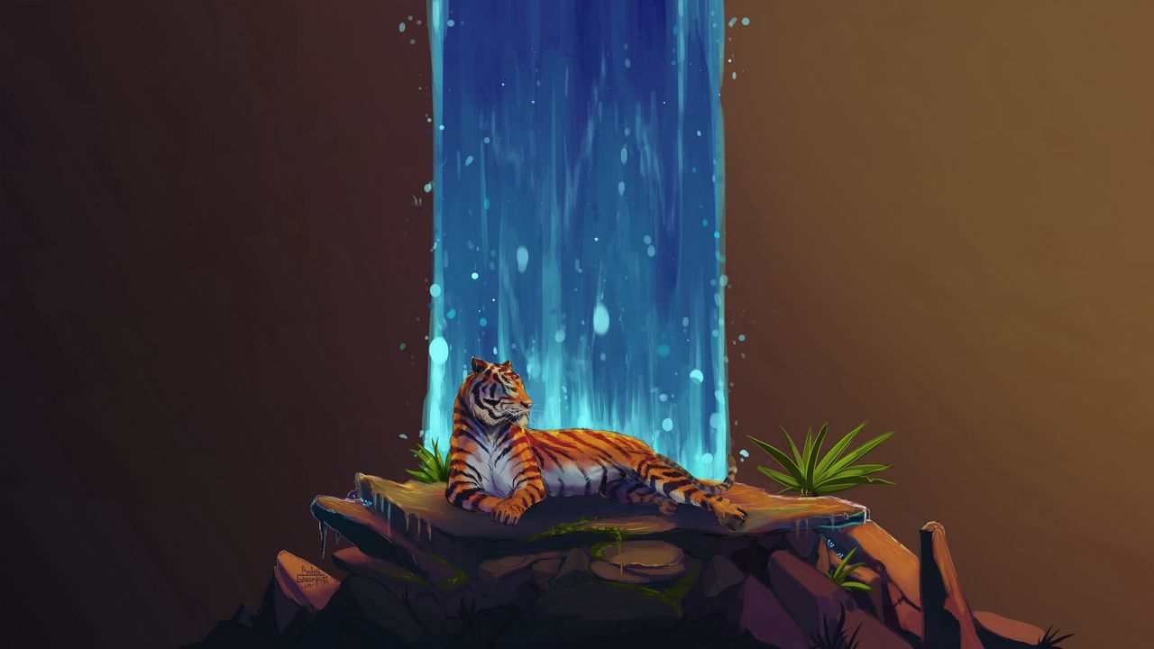 Wallpaper tiger, waterfall, stones, water, art