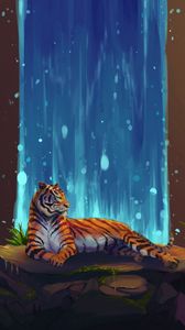 Preview wallpaper tiger, waterfall, stones, water, art