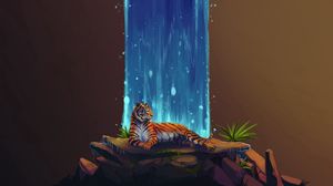 Preview wallpaper tiger, waterfall, stones, water, art