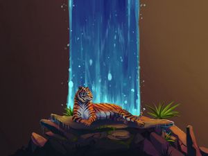 Preview wallpaper tiger, waterfall, stones, water, art