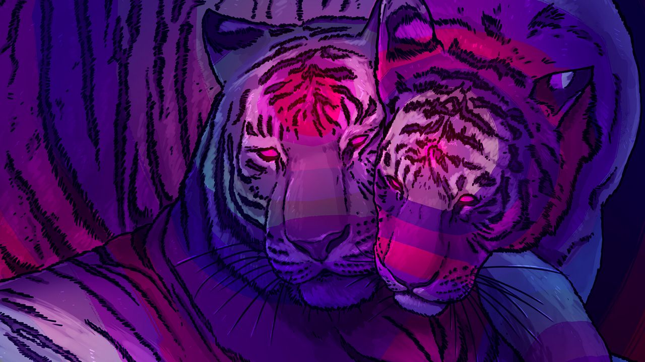 Wallpaper tigers, couple, predators, art, purple