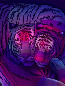 Preview wallpaper tigers, couple, predators, art, purple