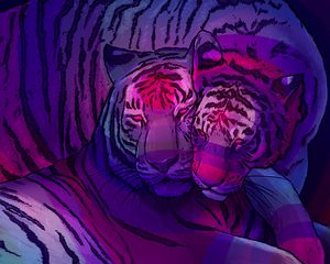 Preview wallpaper tigers, couple, predators, art, purple