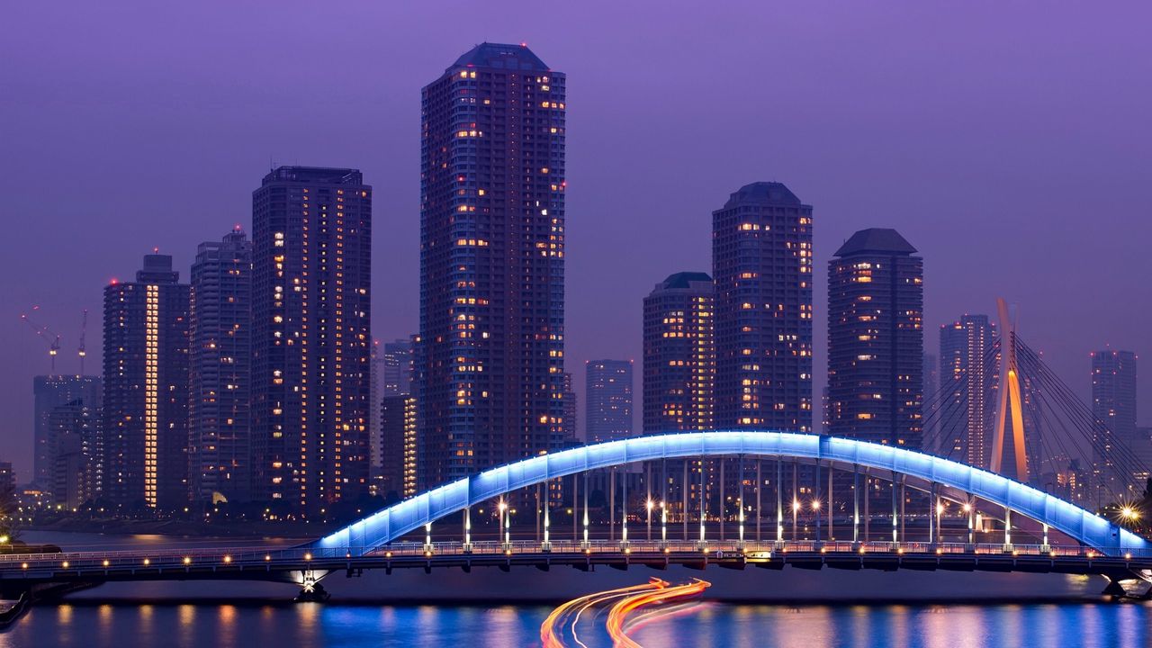 Wallpaper tokyo, skyscrapers, bridge, sea, light, night