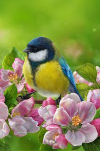 Preview wallpaper tomtit, bird, flowers, bright, art