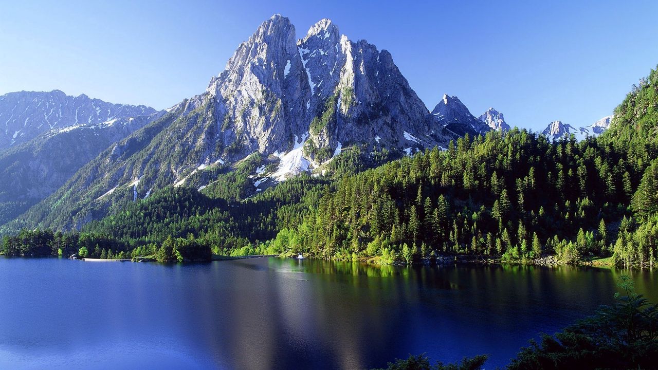 Wallpaper top, mountains, lake, wood, water, ripples