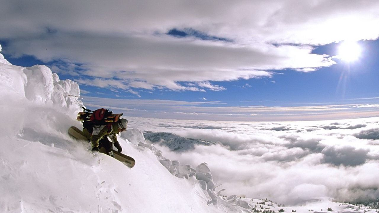 Wallpaper top, snowboard, descent, sky, extreme, height, clouds