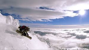 Preview wallpaper top, snowboard, descent, sky, extreme, height, clouds