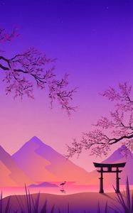 Preview wallpaper torii, gate, crane, sakura, mountains, art, purple