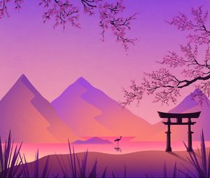 Preview wallpaper torii, gate, crane, sakura, mountains, art, purple
