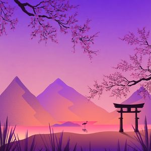 Preview wallpaper torii, gate, crane, sakura, mountains, art, purple