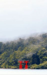 Preview wallpaper torii gate, forest, lake, trees