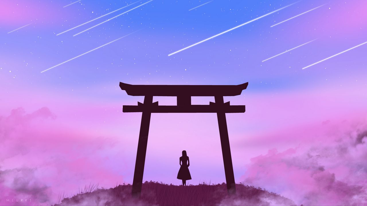 Wallpaper torii gate, girl, silhouette, clouds, stars, art