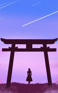 Preview wallpaper torii gate, girl, silhouette, clouds, stars, art