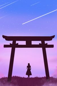 Preview wallpaper torii gate, girl, silhouette, clouds, stars, art