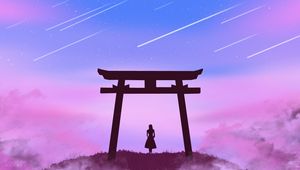 Preview wallpaper torii gate, girl, silhouette, clouds, stars, art