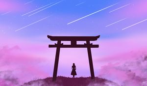 Preview wallpaper torii gate, girl, silhouette, clouds, stars, art