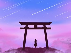 Preview wallpaper torii gate, girl, silhouette, clouds, stars, art