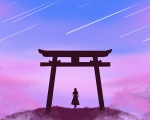 Preview wallpaper torii gate, girl, silhouette, clouds, stars, art