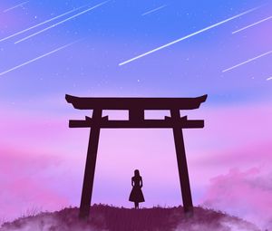 Preview wallpaper torii gate, girl, silhouette, clouds, stars, art