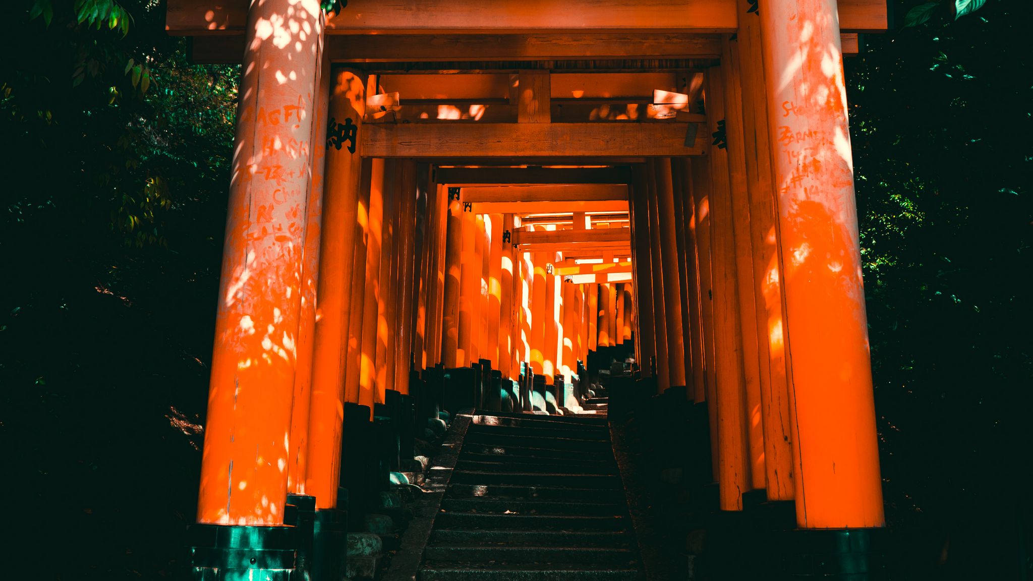 Download wallpaper 2048x1152 torii, gate, japan, stairs ultrawide