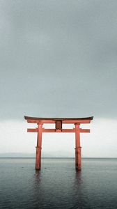 Preview wallpaper torii gate, lake, water, horizon, minimalism