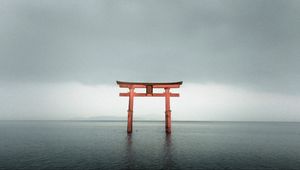 Preview wallpaper torii gate, lake, water, horizon, minimalism