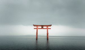 Preview wallpaper torii gate, lake, water, horizon, minimalism