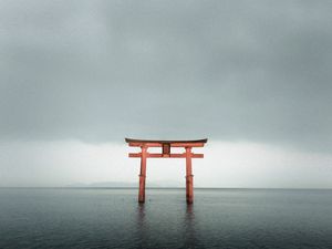 Preview wallpaper torii gate, lake, water, horizon, minimalism