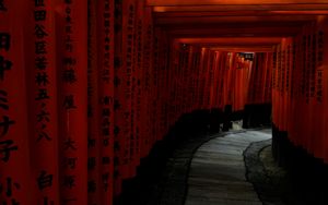 Preview wallpaper torii gate, path, turn, hieroglyphs, japan
