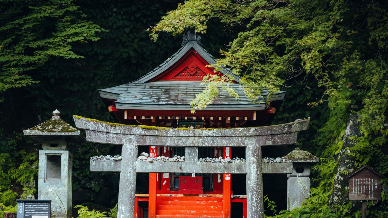 Wallpaper torii gate, steps, pagoda, trees, architecture