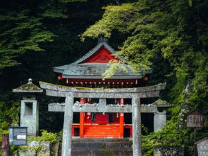 Preview wallpaper torii gate, steps, pagoda, trees, architecture