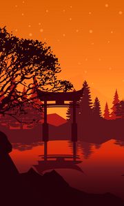 Preview wallpaper torii, landscape, lake, trees, art