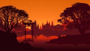 Preview wallpaper torii, landscape, lake, trees, art