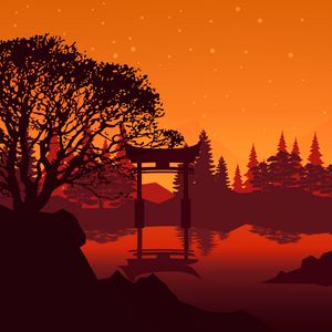 Preview wallpaper torii, landscape, lake, trees, art