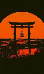 Preview wallpaper torii, silhouette, meditation, sun, arch, vector
