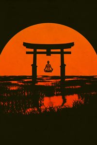 Preview wallpaper torii, silhouette, meditation, sun, arch, vector
