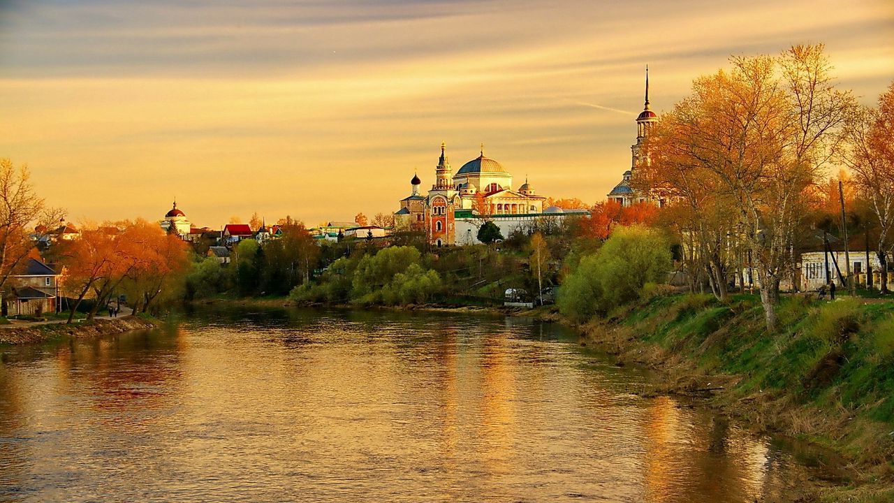 Wallpaper torzhok, tver region, evening, sunset, river, reflection, autumn, russia