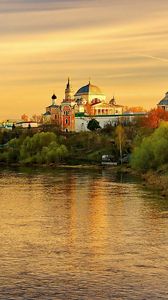 Preview wallpaper torzhok, tver region, evening, sunset, river, reflection, autumn, russia