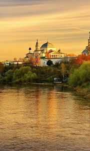 Preview wallpaper torzhok, tver region, evening, sunset, river, reflection, autumn, russia