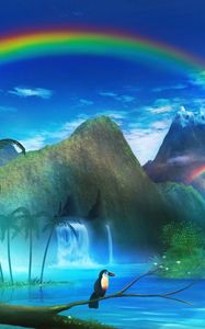 Preview wallpaper toucan, waterfall, rainbow, art