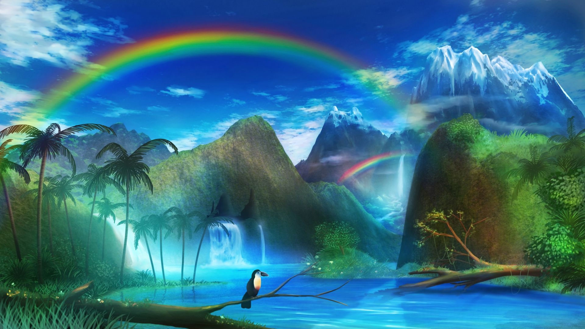 Download wallpaper 1920x1080 toucan, waterfall, rainbow, art full hd, hdtv,  fhd, 1080p hd background